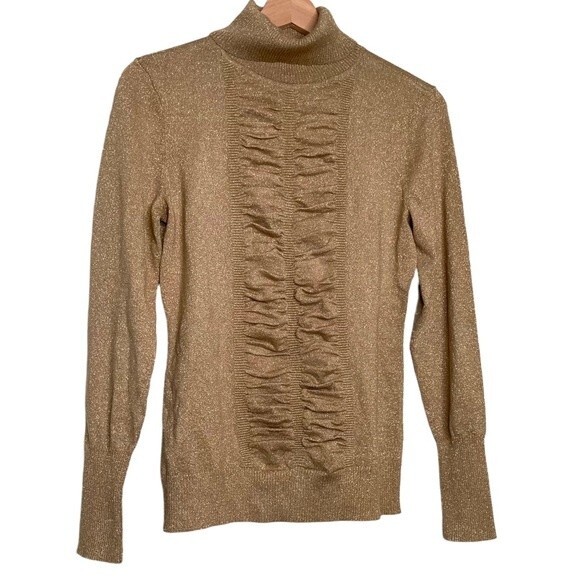 Alfani Gold Turtleneck Sweater Ruched Details Size Petite Small - Picture 2 of 10